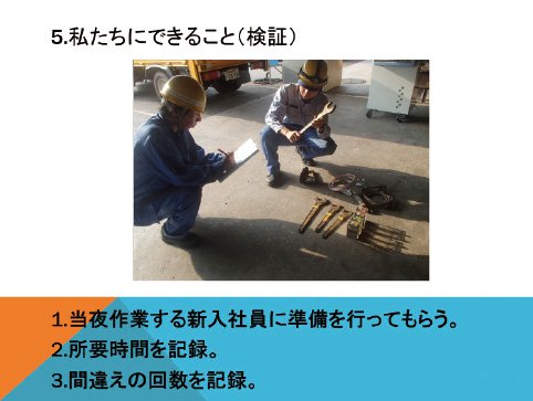 5.私たちにできること（検証）：1.当夜作業する新入社員に準備を行ってもらう。2.所要時間を記録3.間違えの回数を記録。