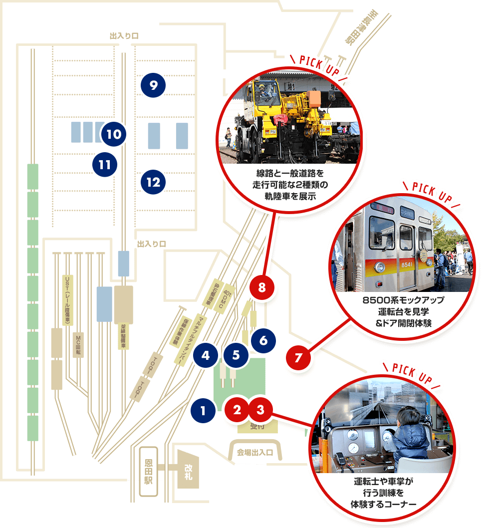 2、3：PICK UP 運転士や車掌が行う訓練を体験するコーナー 7：PICK UP 8500系モックアップ運転台を見学＆ドア開閉体験 8：線路と一般道路を走行可能な２種類の軌陸車を展示